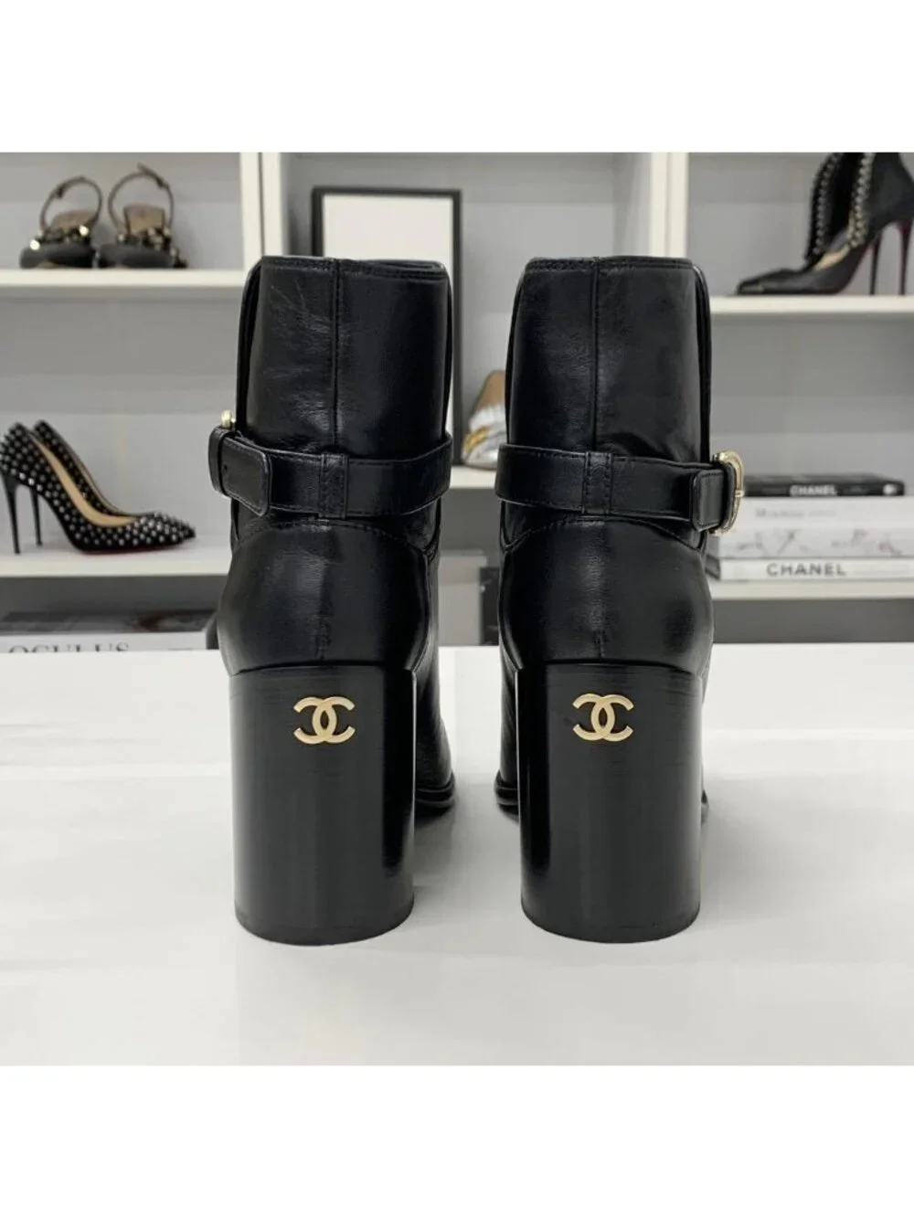 Chanel CC Logo Belt Leather Patent Short Boots Black